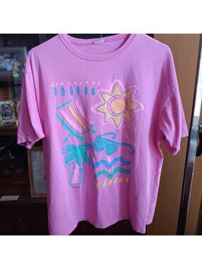 Vintage 90's Beach T-shirt Large XL Pink Oversize Sun Palm Tree 1980's
